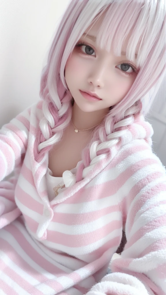 girl,elaina,long hair,pink pajamas,white hair with purple eyes,realistic,ultra detail