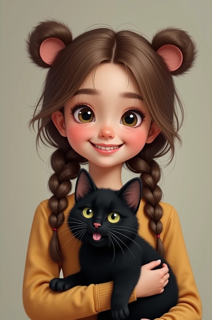 Young girl with braided hair, cute smile, wearing bear ears, holding a black cat.