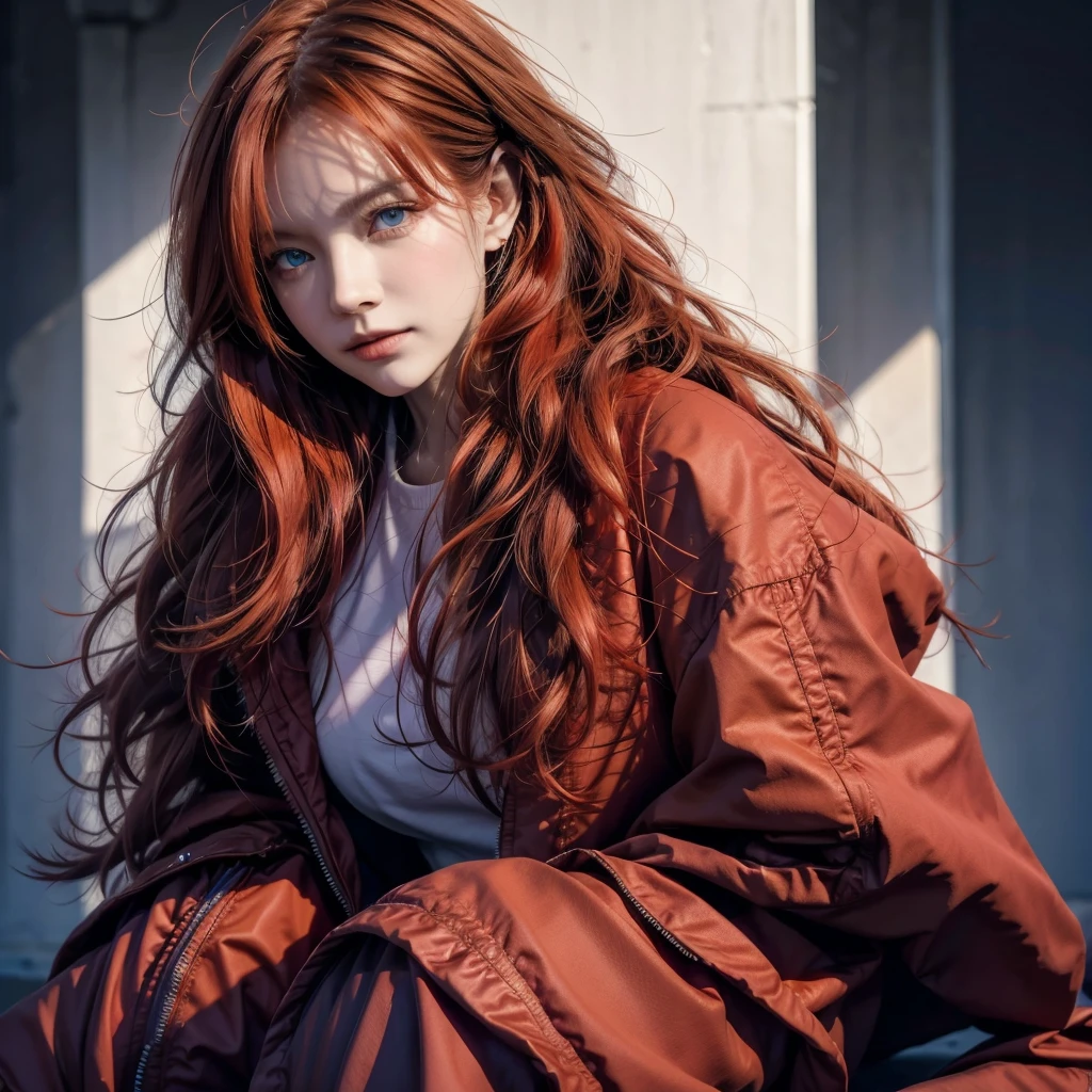 Beautiful woman, dinamic poses, full body, costume red jacket by yoji shinkawa and yohji yamamoto, star eye, blush, perfect illumination, red hair, blue eyes, unreal engine, side lighting, detailed face, bangs, bright skin, simple background, dark background, HD, CGI.