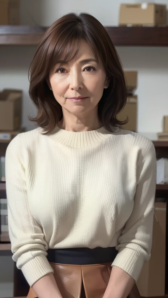 High resolution, High resolution, Attention to detail, masterpiece, Textured skin, Anatomically correct, sharp, ((Japanese , 75 years old)), alone, (Facial wrinkles), Shapely breastn long hair, bangs,(((Stand upright, facing the center.))),Look at the photographer, Open your mouth and stare straight ahead, White sweater, (Tight Skirt:1.3),(Sitting),(Thighs:1.1),Inside the warehouse,(Serious expression)