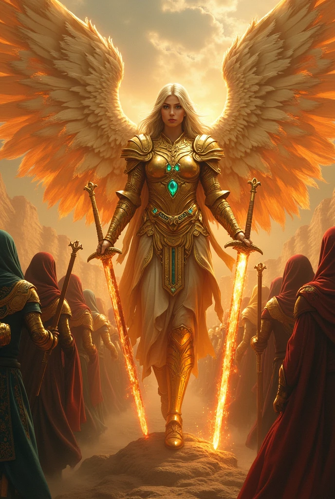 ARMY OF THOUSANDS OF ANGELS WITH HUMAN FACES ,gold armour, RED EMERALD ARMOR, Blue Greva, HUGE FIRE-FLAMING SWORD WITH WINGS PROTECTING A CAMP OF PROPHETS