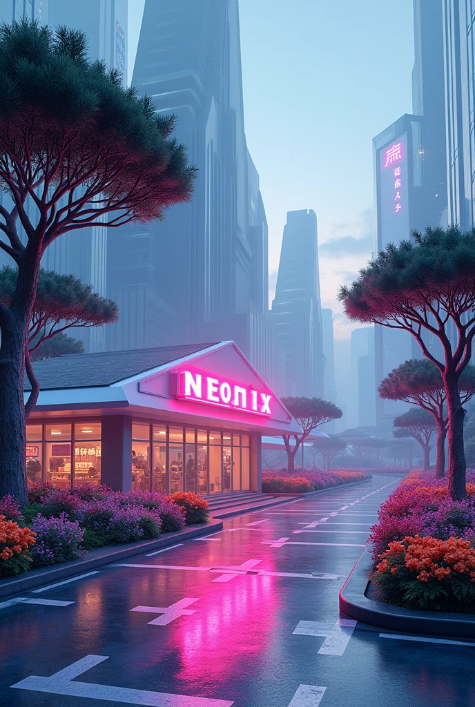 Make a aesthetic, futuristic ,beautiful and modern background for a shop. there will be a street, trees and flowers and in the middle a shop with name tag neonix. add some animation and like Japan (make it computer size )