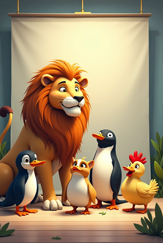 Create a panel with 5 Animals:  Lion, penguin, catboy, chicken and a duck. And the title pedagogical exhibition 
