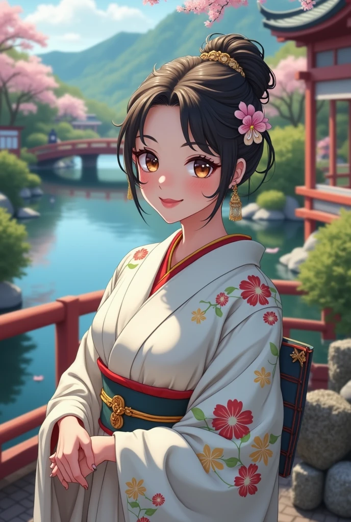 (masterpiece、Highest quality、8k、High resolution)、Traditional Japanese beauty in kimono、The best girl in anime、Floral pattern on white background、Vibrant colors、Japanese garden、There is a pond、Colorful flowers、Vibrant colors、Cherry Blossom、There is a drum bridge、A complete portrayal、Detailed anime art、
