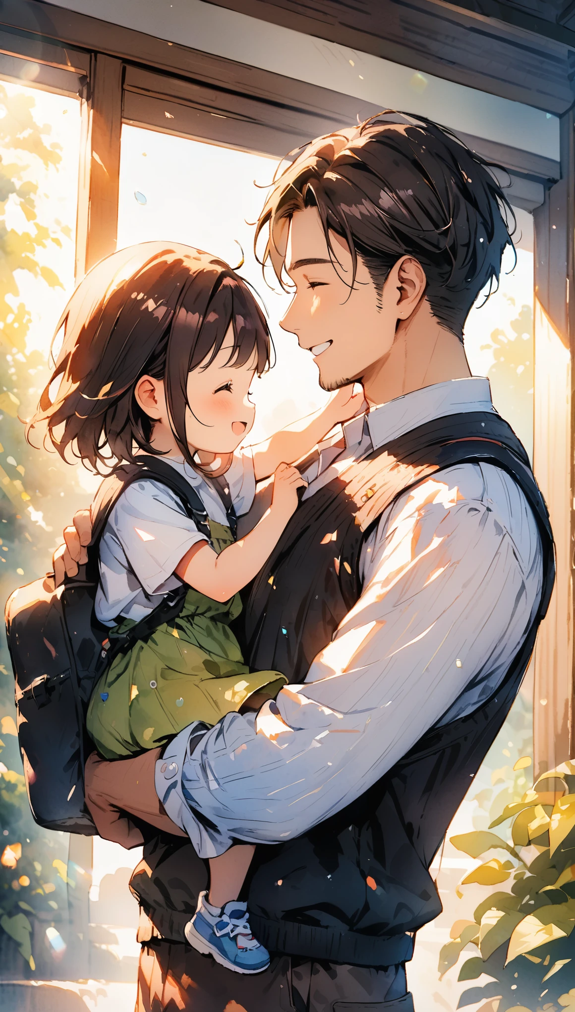 Father carrying a child on his shoulders, Put the child on your shoulders, Parent-child bond, Happy moments, Bright light, Very beautiful light, Lens flare, Pleasant memories, Full of smiles, Cowboy Shot, watercolor, (Highest quality:1.2, Very detailed, Ultra-high resolution, Light colors, masterpiece:1.2, Best aesthetics),