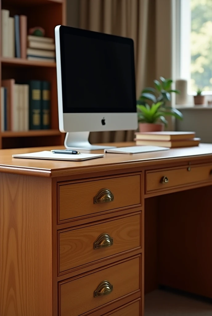 Perspective of a rectangular wooden desk. With 3 drawers along the length and a computer and 3 books on top.