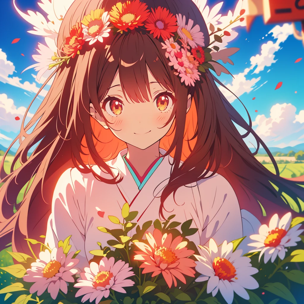 kawaii, anime, Cute, hyper quality, highly detailed, 8k, Clarity, Draw facial expressions in detail, Girl with long dark brown hair and green eyes, red aster flower, red and white aster flowers, whole body, love, smile, Girl with pale pink scarlet eyes, 