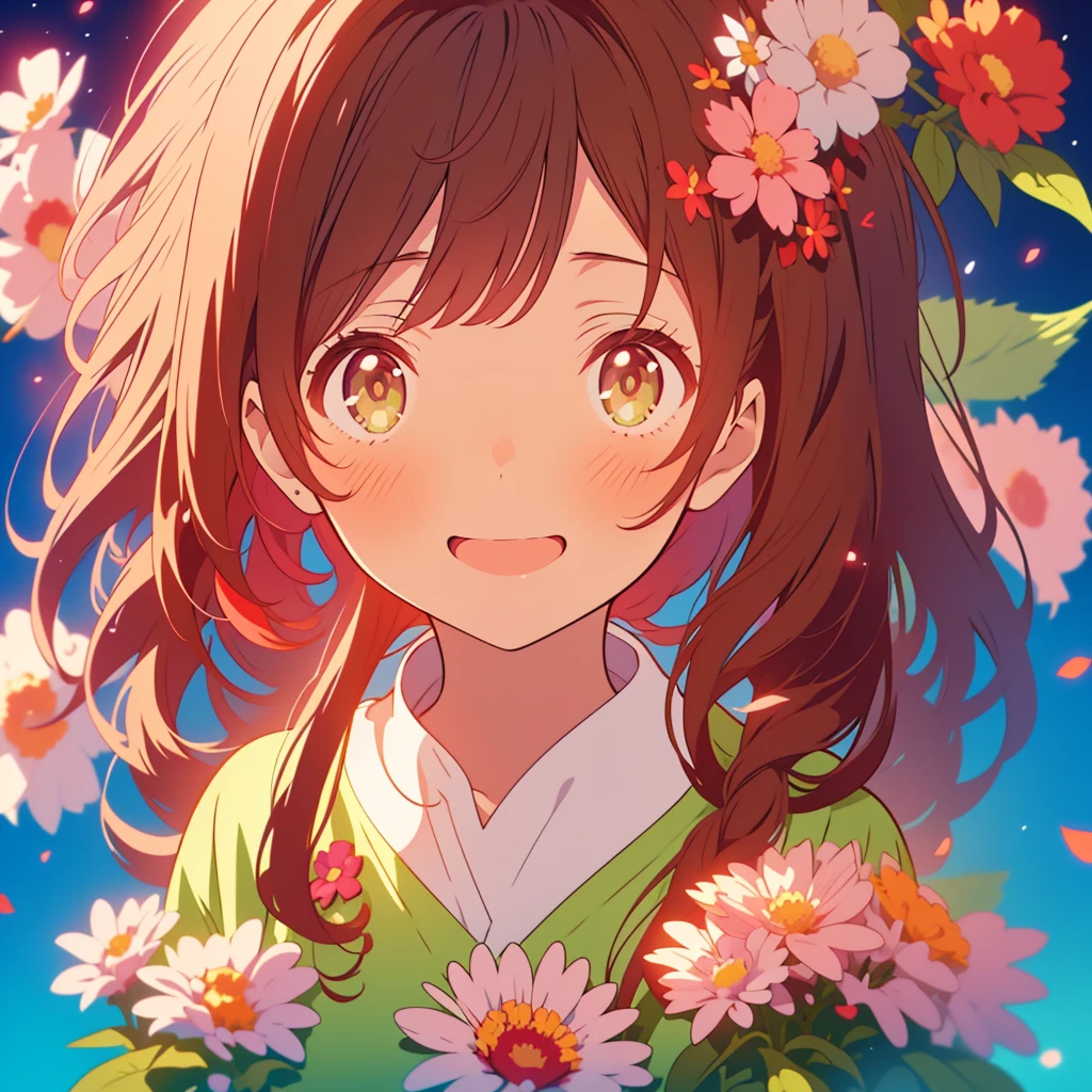 kawaii, anime, Cute, hyper quality, highly detailed, 8k, Clarity, Draw facial expressions in detail, Girl with long dark brown hair and green eyes, red aster flower, red and white aster flowers, whole body, love, smile, Girl with pale pink scarlet eyes,