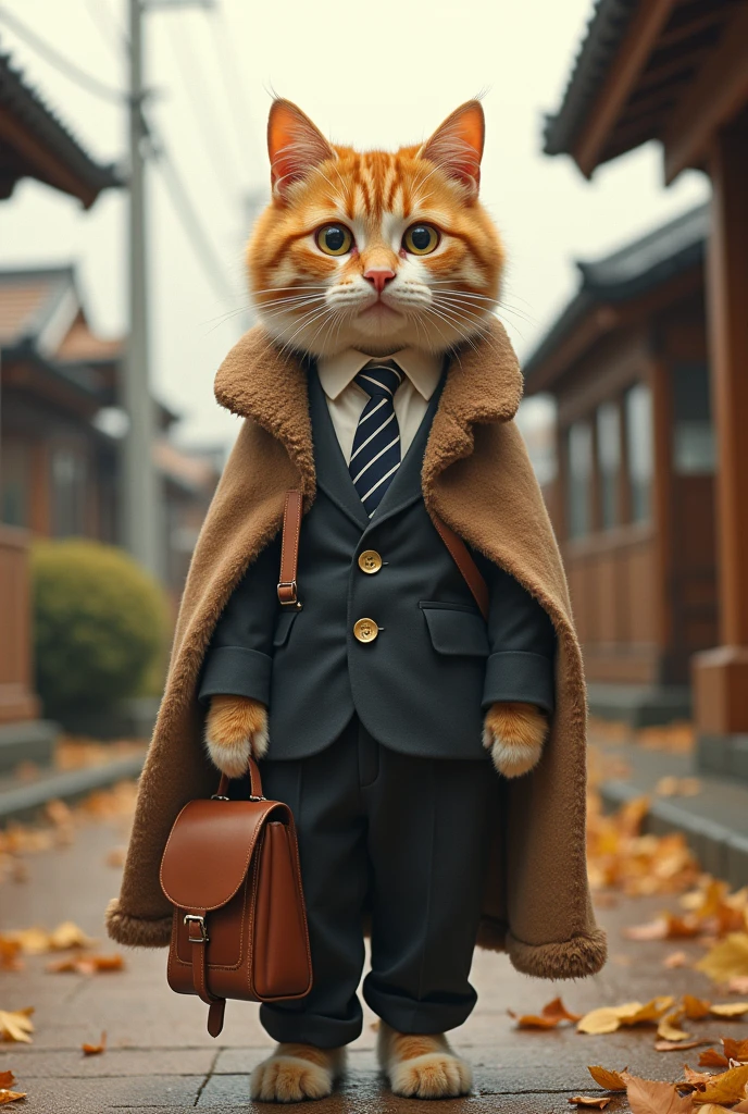 35mm lens，Cat，Standing，Doll，Carrying a small school bag，Japanese style，Tram，Hokkaido，Autumn Station，Wooden house，Platform， cloak,Ruan Jia,Suit,tie，花Cat，Stupid Dog,Muscular male Cat, (Delicate face), (Fine fluffy fur)