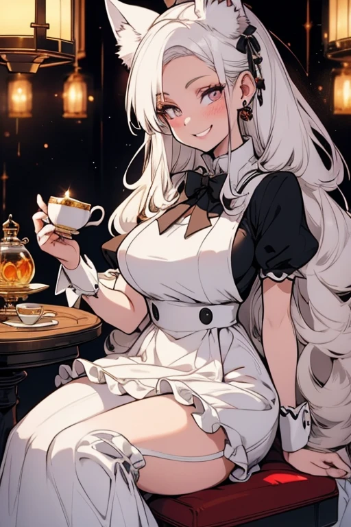A young white haired woman with copper eyes and an hourglass figure with white fox ears and a white fox tail in a Lolita maid uniform is serving tea in a fancy maid cafe with a big smile