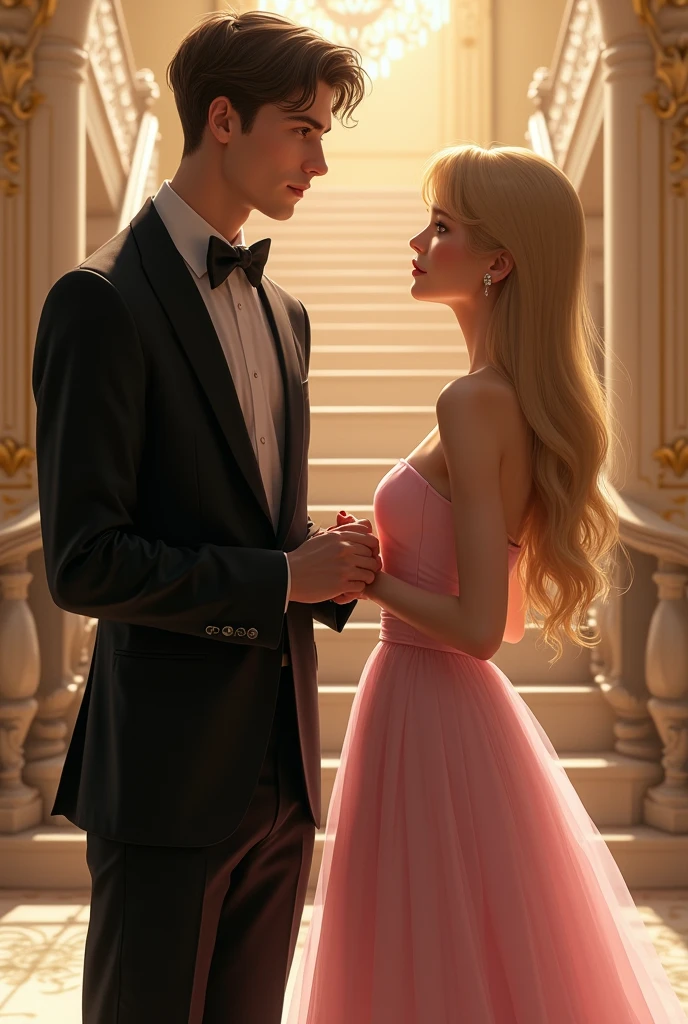 A handsome young boy of twenty years. He is clean shaven. He has fair complexion and dark brown hair. He has brown eyes. He is wearing a black suit. He is standing infront of stairs in a ball room. A beautiful young girl of twenty years is standing on the staircase. She is wearing a light pink Ball gown and has long straight blond hair and hazel eyes. She has fair skin. She is letting her right hand and the boy is holding her hand. They are in a ball room.