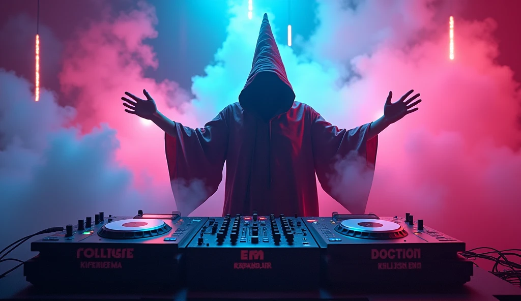 a DJ wizard controlling a mixing board, edm, in the background colored smoke, 2k image, scenographic