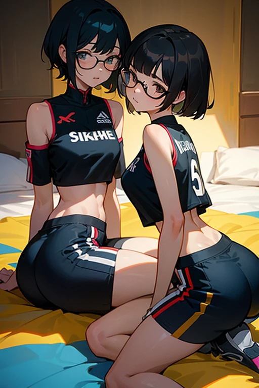 Two girls wearing glasses, short black hair, wearing basketball outfits, crop tops and shorts, looking shy, sitting with their backs bent, showing their thighs, kneeling on a bed, a view from behind, showing their backs, big butts, lying on top of each other.