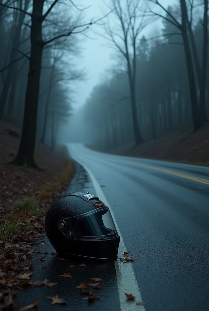 Dark stormy night, rain, wet road, motorcycle helmet accident next to tree in curve of desserted single lane road, no people