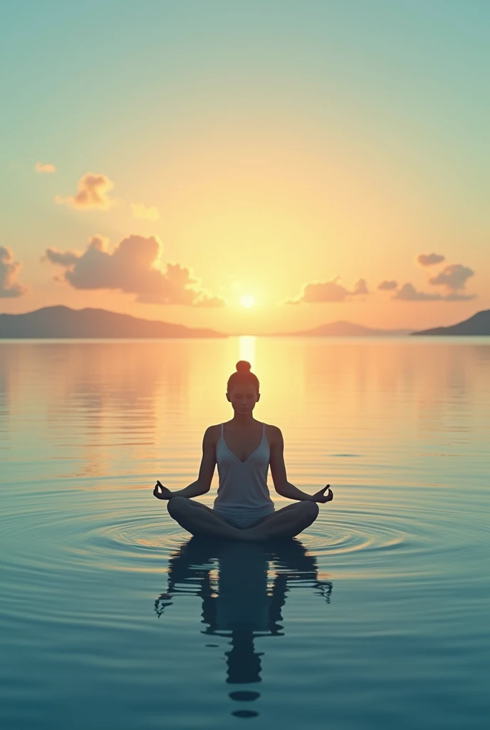 A person meditating, a calm sea, a sunrise.