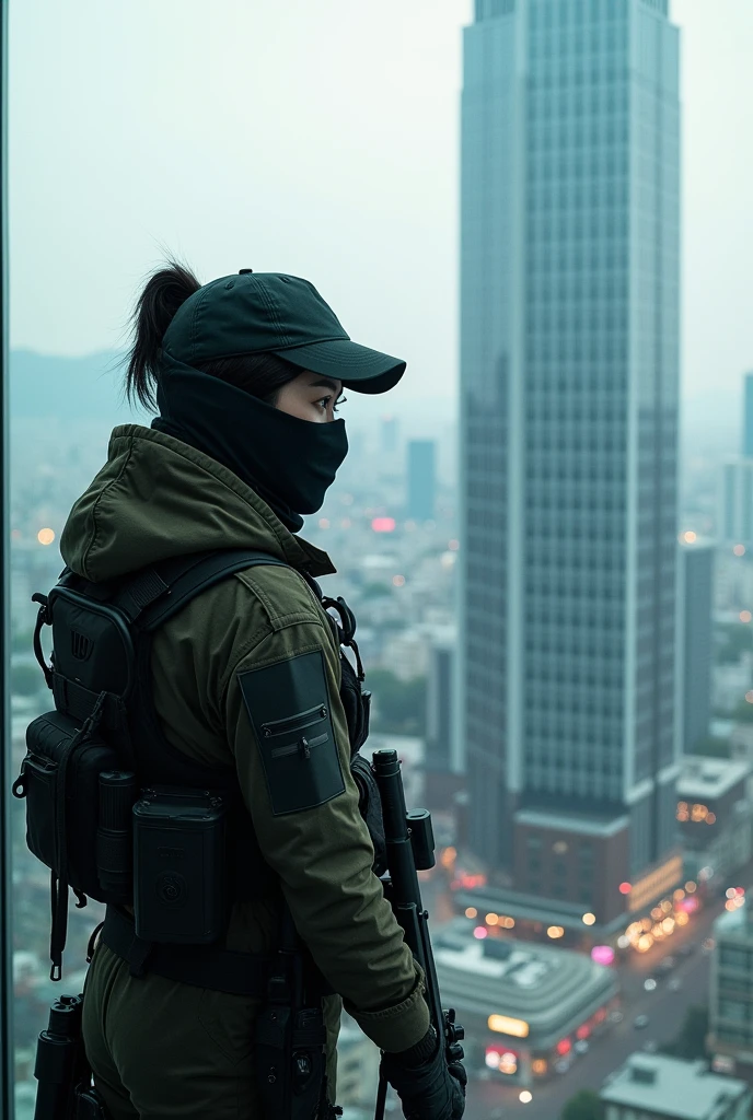 South Korean female sniper wearing a cloth mask stands on the roof of a high-rise building