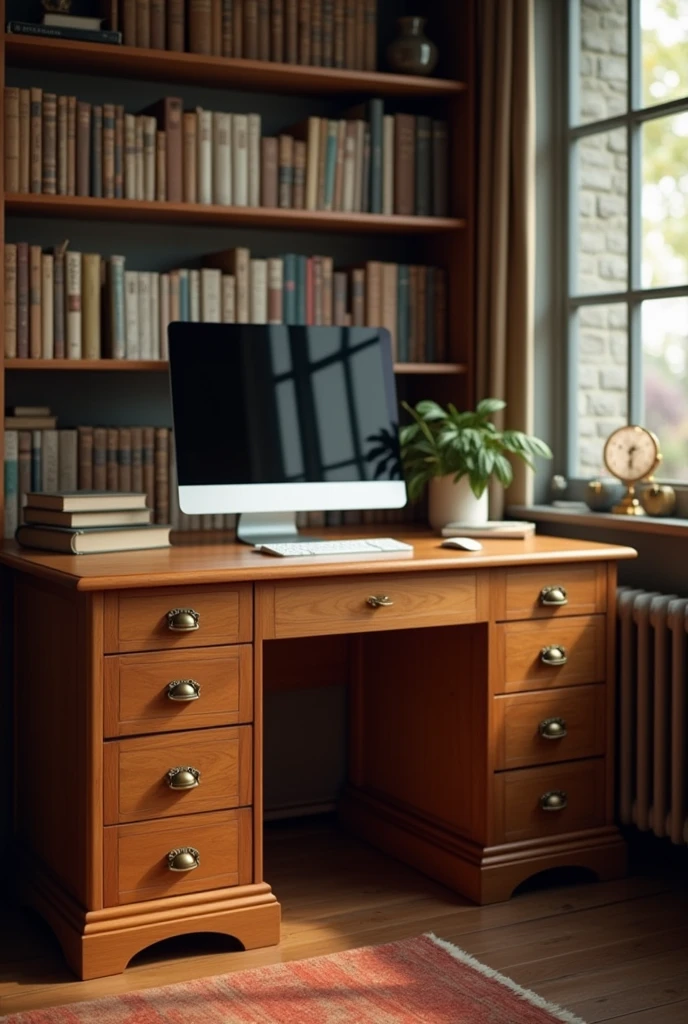 Perspective of a rectangular wooden desk. With 3 drawers along the length and a computer and 3 books on top.
