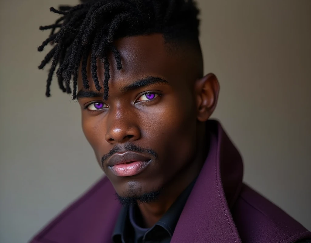 Photograph headshot of a very tall French-Nubian featured male model, wavy hair parted to the side hair, shaved chin, shaved upper lip, toned body, ebony skin, vibrant purple eyes, tall thin toned body. Kind expression. Wearing brown and purple clothes.