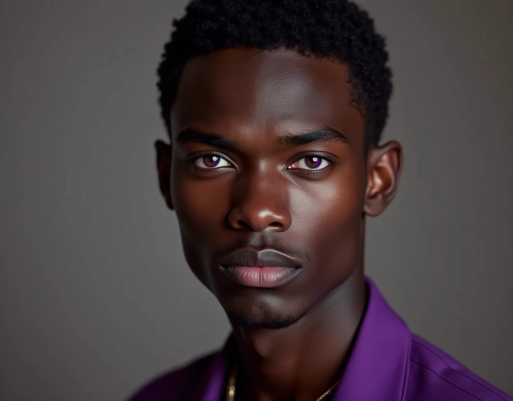 Photograph headshot of a very tall French-Nubian featured male model, wavy hair parted to the side hair, shaved chin, shaved upper lip, toned body, ebony skin, vibrant purple eyes, tall thin toned body. Kind expression. Wearing brown and purple clothes.