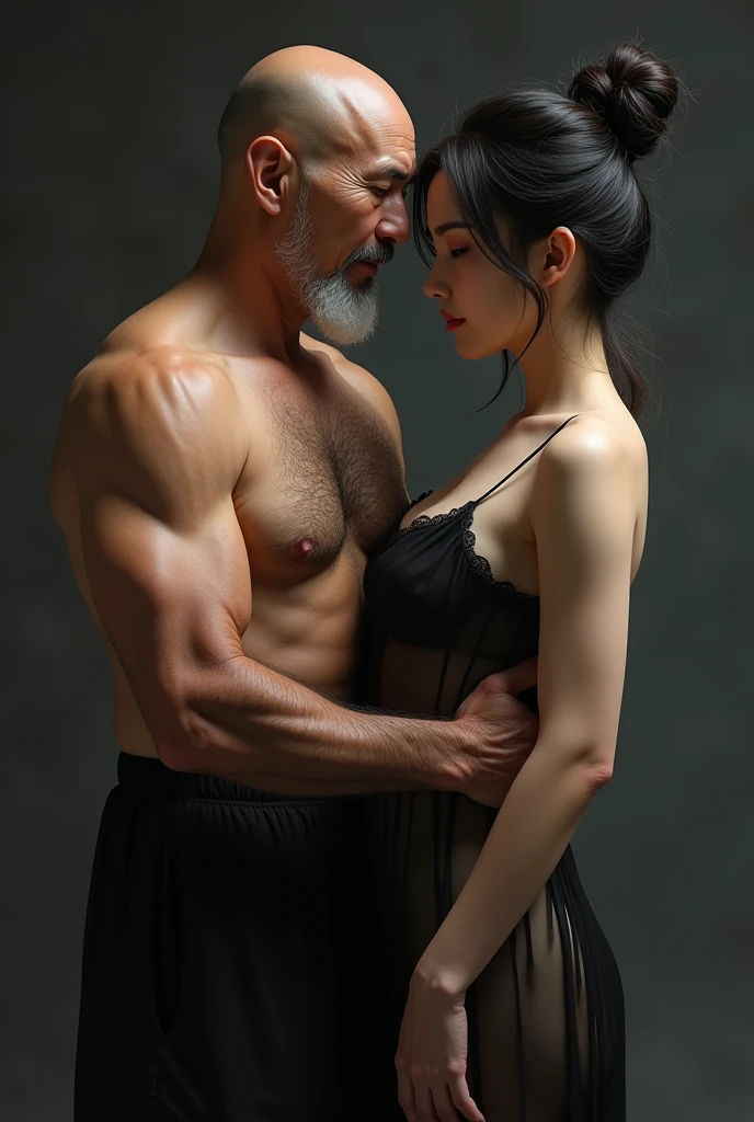 Chinese, a muscular bald old man from the countryside, , a beardless old man, is holding a beautiful young girl, A transparent black nightgown, hugging and highlighting the curves of the wearer, the girl's very chubby body.