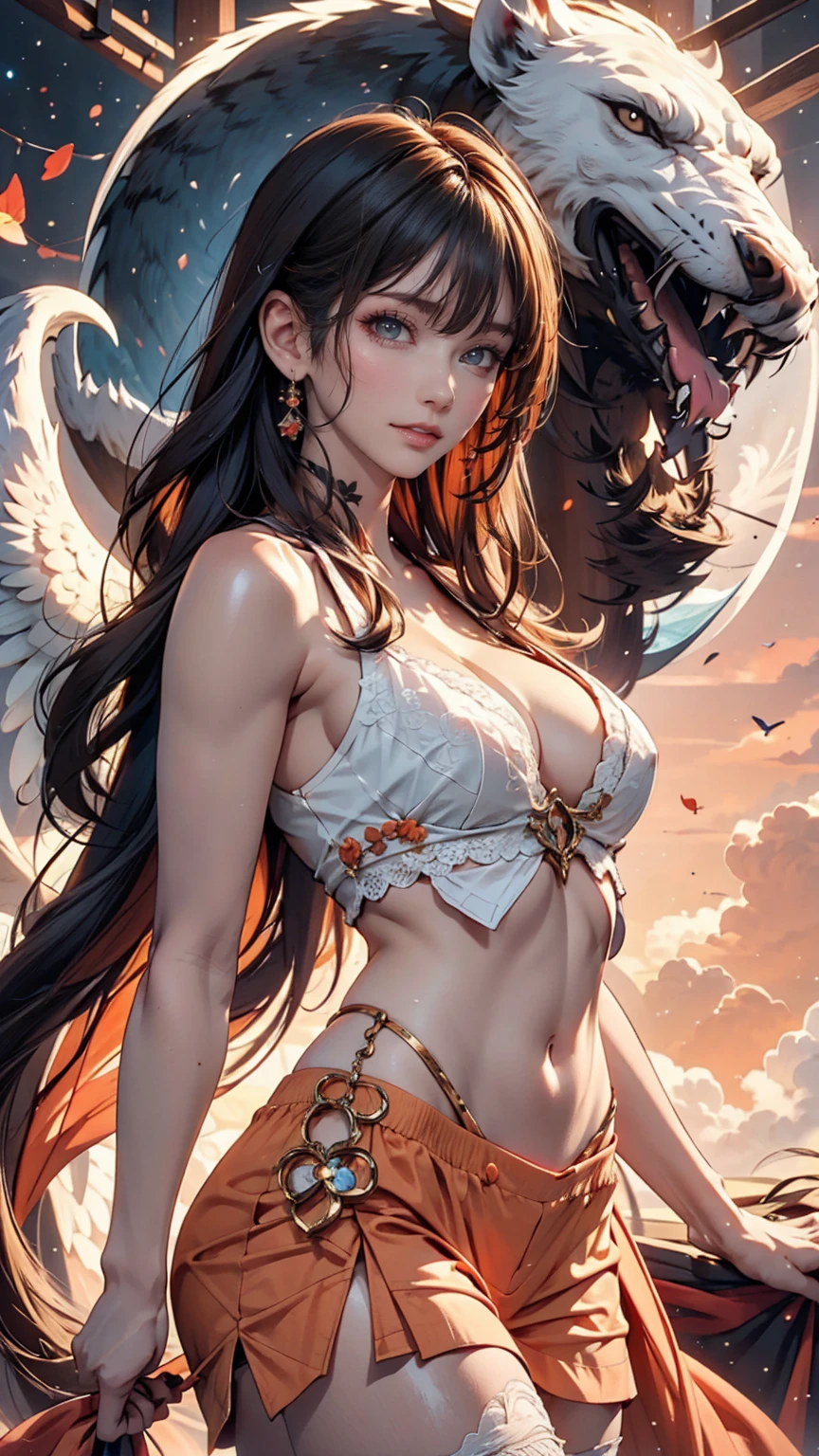 An angelic being without human affection, woman、Creator of the Universe, myth, The background of the image is, Heavenly Mountain Scenario, Orange Clouds. The image style should be cartoon-like, With powerful and impressive strokes, 登場人物にはmythや天使の要素が加わっている