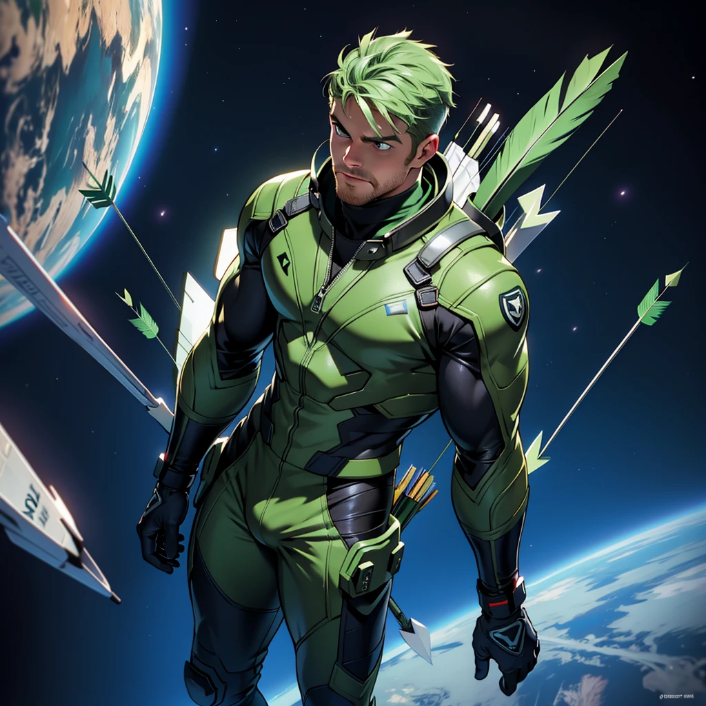 32k,masterpiece, best quality, detailed face, natural eyes,1man, solo mature man, muscled and mature, stephen amell as an astronaut wearing future space suit, dark green suit, showing muscles and bulge ,(((floating like a feather))) in the space inside a space shuttle , (((with "arrow" text and logo on his suit ))), (((full body))), intricate Detailed background