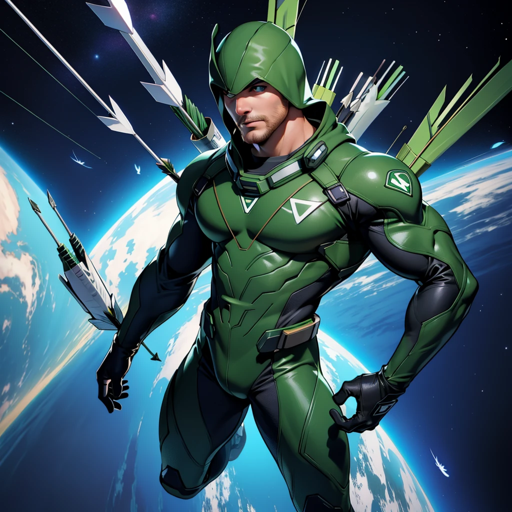 32k,masterpiece, best quality, detailed face, natural eyes,1man, solo mature man, muscled and mature, stephen amell as an astronaut wearing future space suit, dark green suit, showing muscles and bulge ,(((floating like a feather))) in the space inside a space shuttle , (((with "arrow" text and logo on his suit ))),  (((full body))), intricate Detailed background 