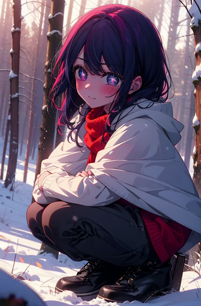 aihoshino, Ai Hoshino, Long Hair, bangs, (Purple eyes:1.1), Purple Hair, (Symbol-shaped pupil:1.5), smile,,smile,blush,white breath,
Open your mouth,snow,Ground bonfire, Outdoor, boots, snowing, From the side, wood, suitcase, Cape, Blurred, , forest, White handbag, nature, Squat, Mouth closed, Cape, winter, Written boundary depth, Black shoes, red Cape break looking at viewer, Upper Body, whole body, break Outdoor, forest, nature, break (masterpiece:1.2), Highest quality, High resolution, unity 8k wallpaper, (shape:0.8), (Beautiful and beautiful eyes:1.6), Highly detailed face, Perfect lighting, Highly detailed CG, (Perfect hands, Perfect Anatomy),