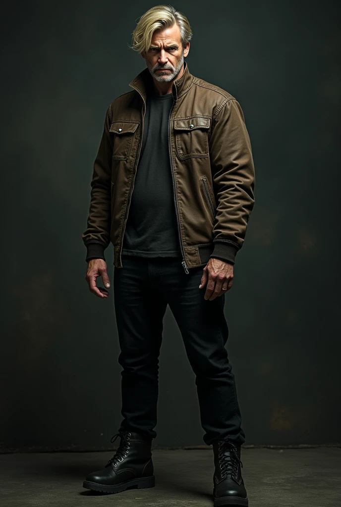 a man named Leo Kenn, 30 years old American. no beard, with blond hair combed to the side, man's face, tough, angry, beautiful face, thin, handsome, wearing dark brown leather jacket, black pants, black combat boots, dark, cinematic, epic epic, very realistic face photographic, thriller and thriller style, resident evil
