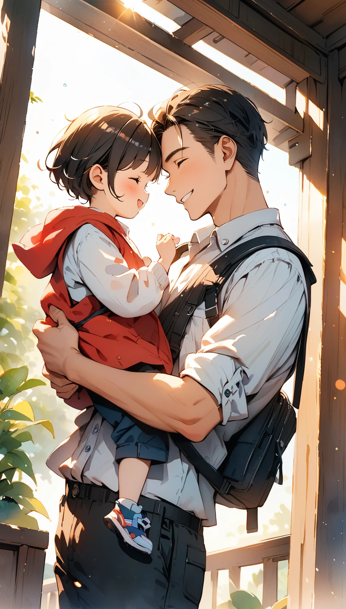 Carrying a 、((Cool Father:1.3)),((muscle))、Upper Body、(tall)masterpiece, highest quality, Illustration of the novel, High resolution,A special day to express gratitude to one's father、Father's Day is approaching。Warm Father、Strict father、Let's all draw a superhero dad、Give a gift to your dad。Wishing all fathers around the world a Happy Father's Day