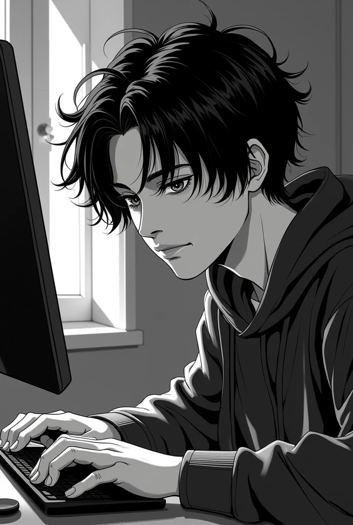 handsome nineteen year old boy with very thick black hair in manga style (black and white style) he plays on the computer games in his room