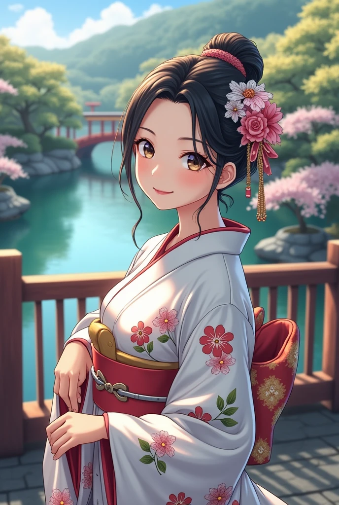 (masterpiece、Highest quality、8k、High resolution)、Traditional Japanese beauty in kimono、The best girl in anime、Floral pattern on white background、Vibrant colors、Japanese garden、There is a pond、Colorful flowers、Vibrant colors、Cherry Blossom、There is a drum bridge、A complete portrayal、Detailed anime art、