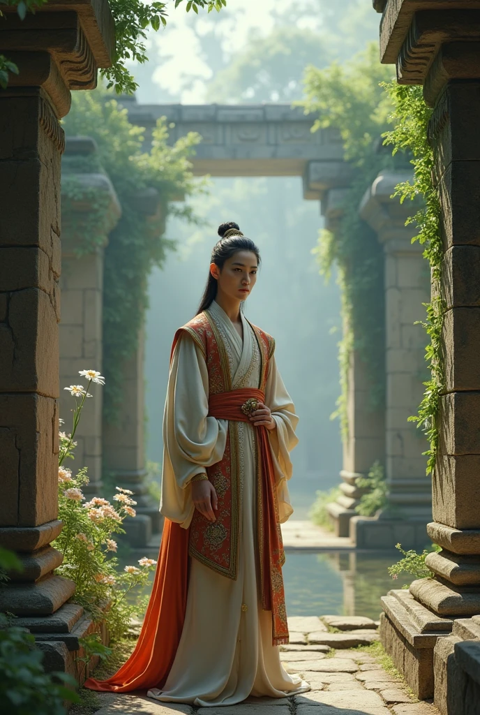 Young man, white skin, ancient costume, background is an ancient temple paradise.