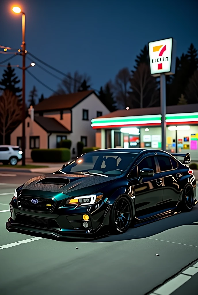 A stunning 8K photograph showcasing a customized black Subaru WRX widebody parked at a dimly lit 7-Eleven store during the serene hours of the night. The car features a low, slightly touching the ground stance, black aftermarket wheels, a front lip spoiler, and all aspects of the car are customized in black with aftermarket designs. The headlights, bumper, and middle sections are also black. The mood of the scene is calm and tranquil, set against the backdrop of a suburban neighborhood, highlighting the beauty of the late night in the dark.