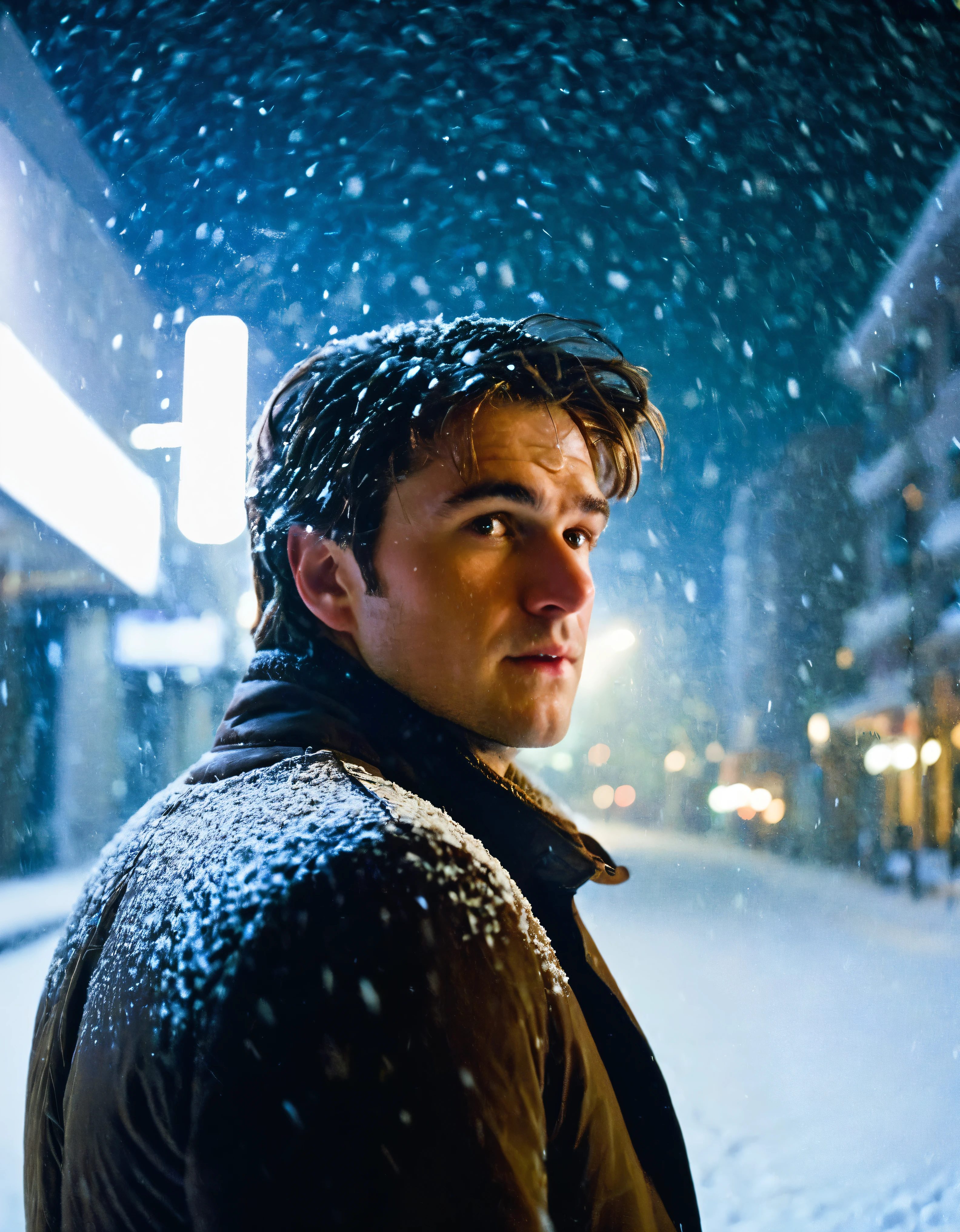 film photography style a man with brown hair during a snowstorm at night, Low Angle, Medium Shot