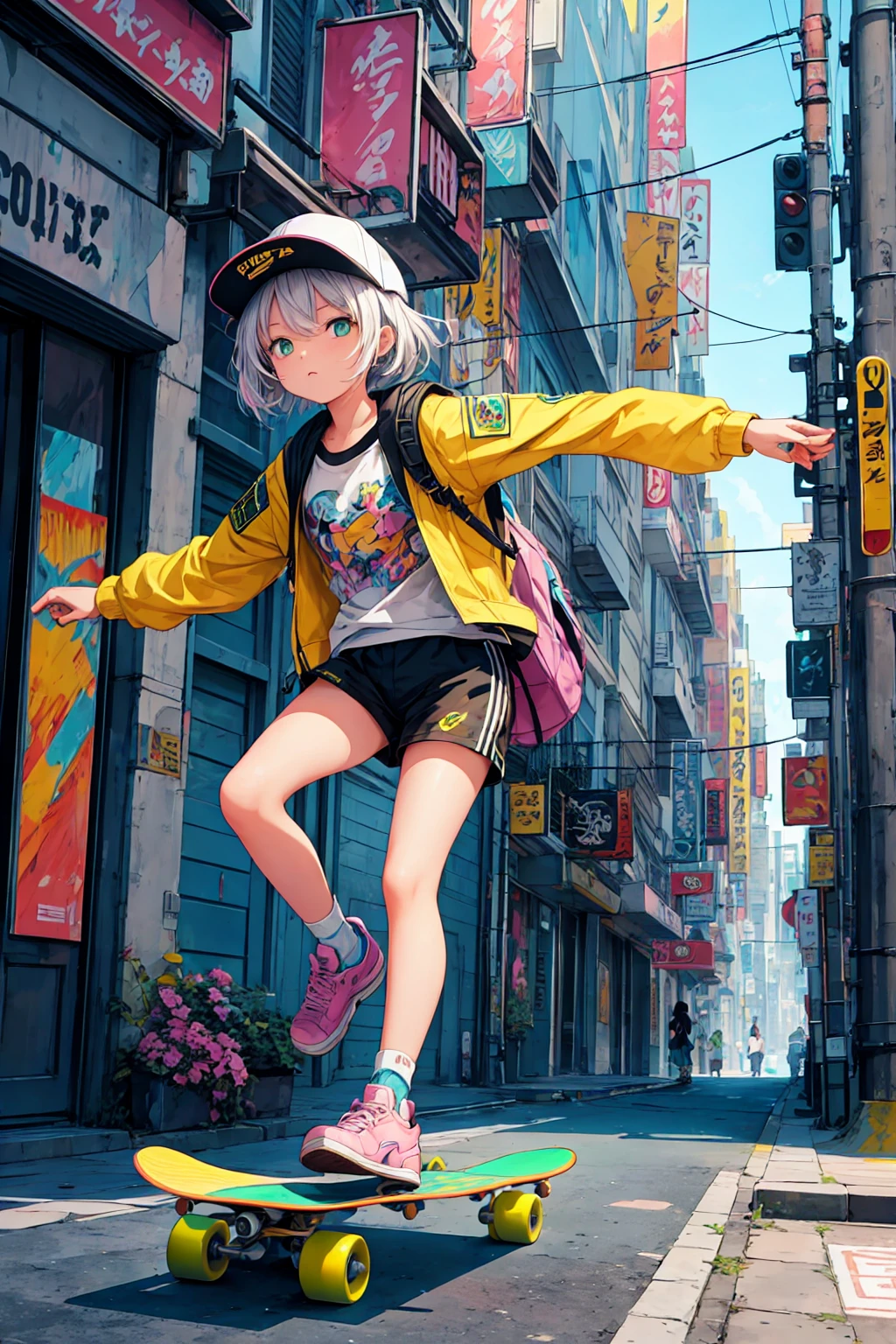 masterpiece, Highest quality, (Highly detailed CG Unity 8k wallpaper) (Highest quality), (Best illustrations), Best Shadow, (Skateboarding girl: 1.3), 13 years old, cute, Short white hair, cap, Sweet cool, Eye-catching details, (Color Flight Suits), fashion shorts, (Color Skateboards: 1.1), pink, yellow, green, street, rock, (Highest quality, Amazing details: 1.25), (alone), Vivid and colorful paintings