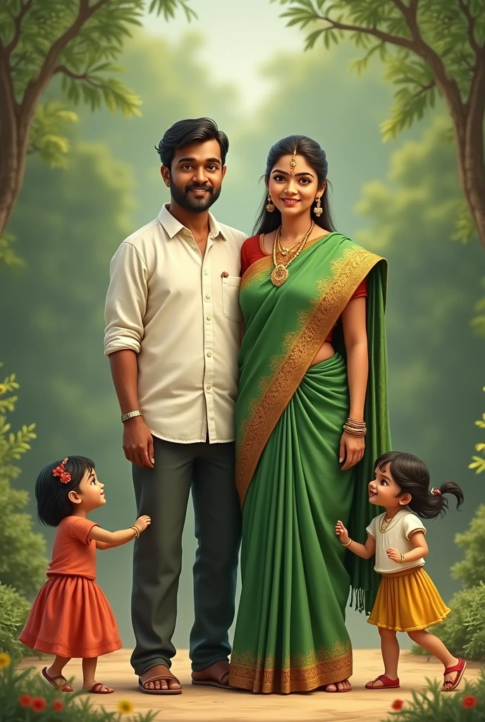 Tamil lean girl height 168 cm traditional green saree with mini kids and her husband height 170 cm white shirt