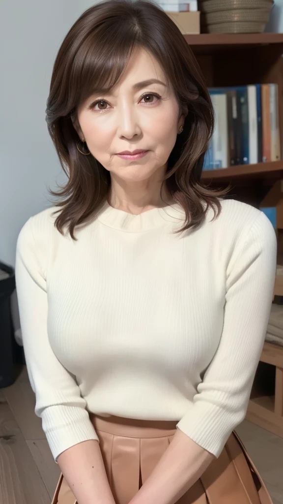 High resolution, High resolution, Attention to detail, masterpiece, Textured skin, Anatomically correct, sharp, ((Japanese Mature, 75 years old)), alone, (Facial wrinkles), Shapely breasts, Brown long hair, bangs,(((Stand upright, facing the center.))),Look at the photographer, Open your mouth and stare straight ahead, White sweater, (Tight Skirt:1.3),(Sitting),(Thighs:1.1),Inside the warehouse,(Serious expression)