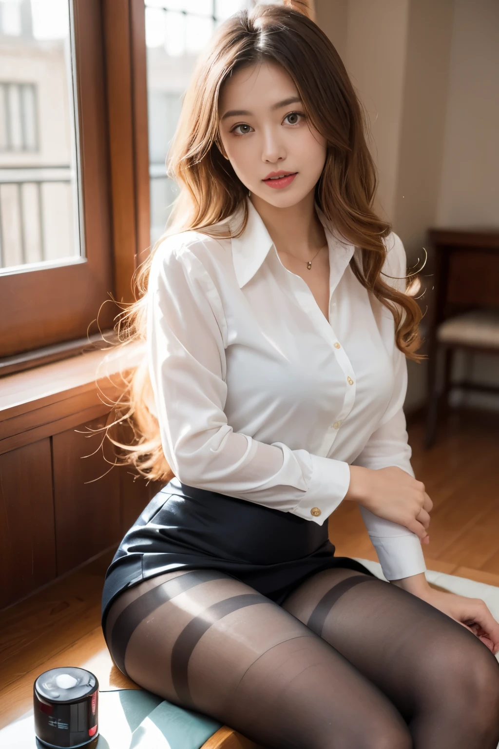 ulzzang-6500-v1.1, (RAW Photos:1.2), (Photorealistic), (See through:1.3), (masterpiece), (Genuine:1.4), 1、26 years old、game_Ticker, オーシャンブルーのeye(eye), A shy smile、Blonde semi-long hair、Curly Hair、European、(Elegant silk blouse:1.3), (Ultra-realistic pantyhose:1.3), (flare skirt:1.2), sit in an office and work at a desk、Realistic skin texture、Shiny skin、Bare thighs!!! , Makeup、