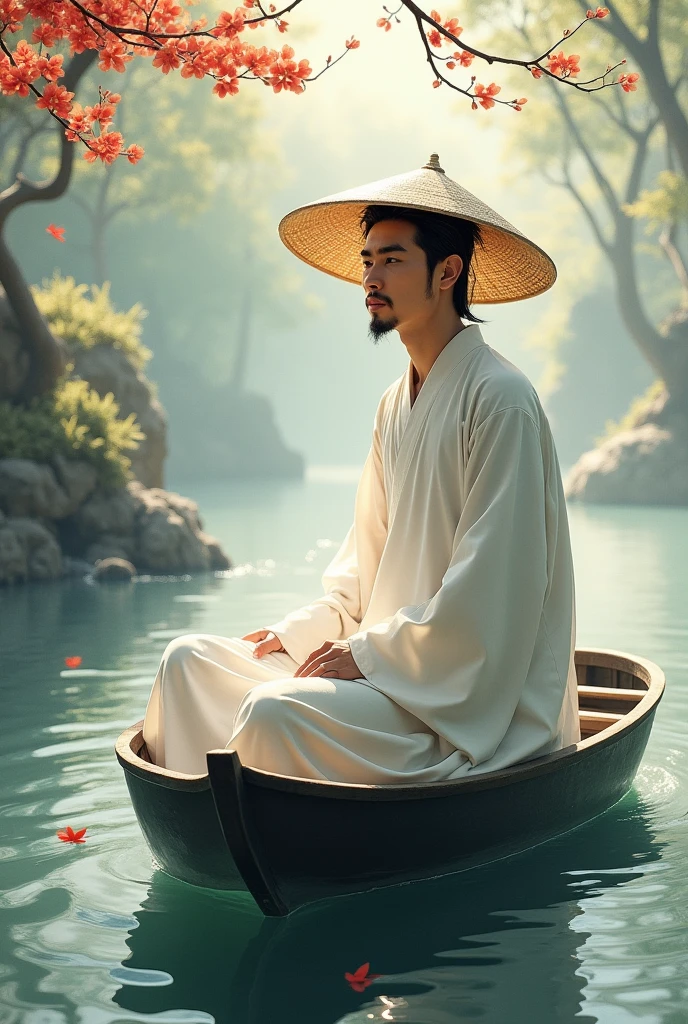 Arav man wearing a straw hat sitting on a boat, cai xukun, Hanfu, Chinese, white Hanfu, Inspired by Border Guardians, Inspired by Liu Jun, Dressed in ancient Chinese costumes, Inspired by Huang Gongwang, Inspired by Gu An, Inspired by Chen Daofu, Inspired by Xiao Yuncong, Inspired by Wu Bin