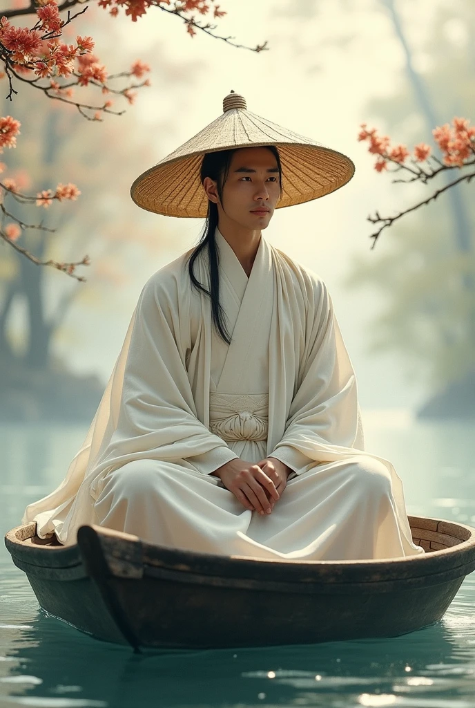 Arav man wearing a straw hat sitting on a boat, cai xukun, Hanfu, Chinese, white Hanfu, Inspired by Border Guardians, Inspired by Liu Jun, Dressed in ancient Chinese costumes, Inspired by Huang Gongwang, Inspired by Gu An, Inspired by Chen Daofu, Inspired by Xiao Yuncong, Inspired by Wu Bin