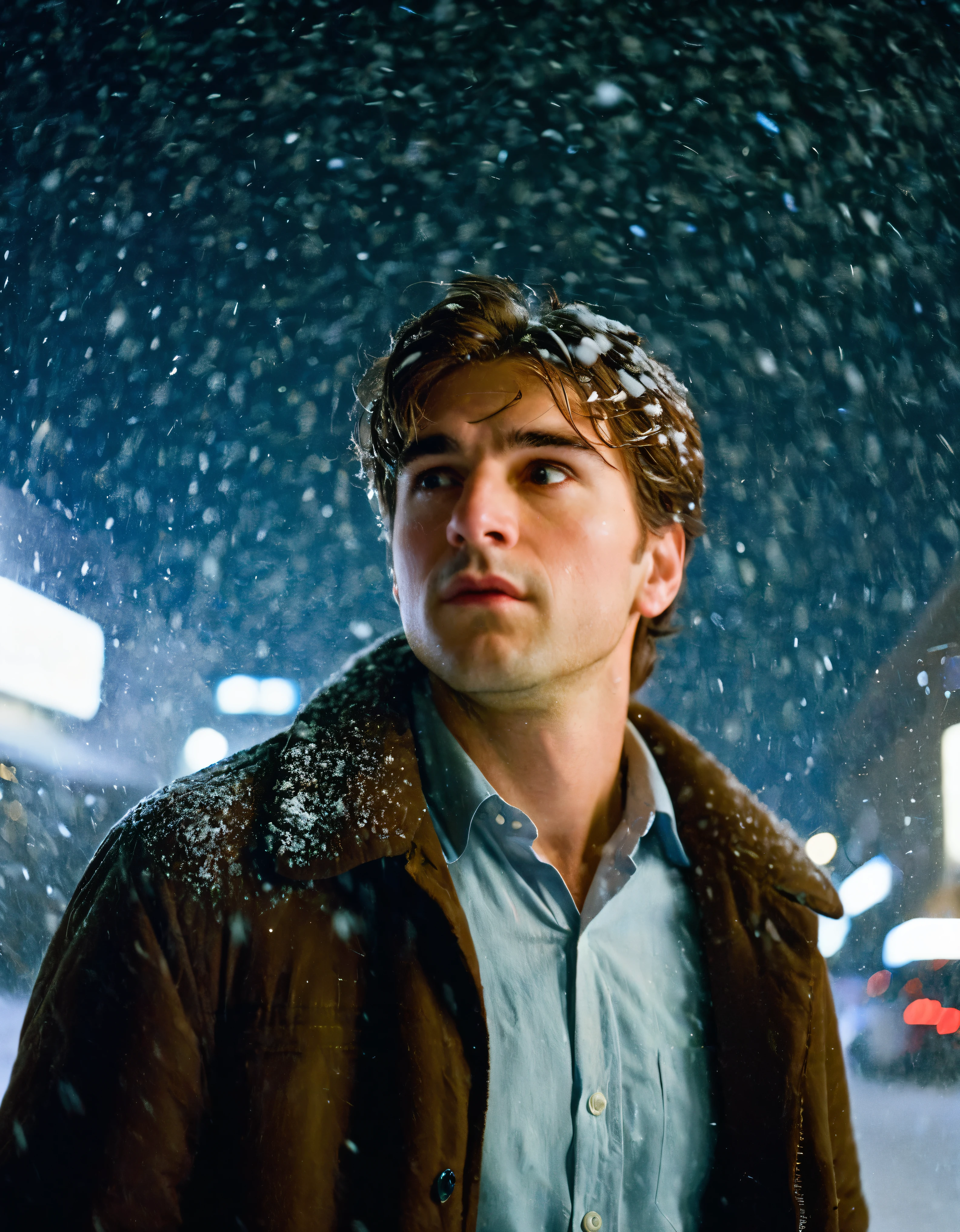 film photography style a man with brown hair during a snowstorm at night, Low Angle, Medium Shot