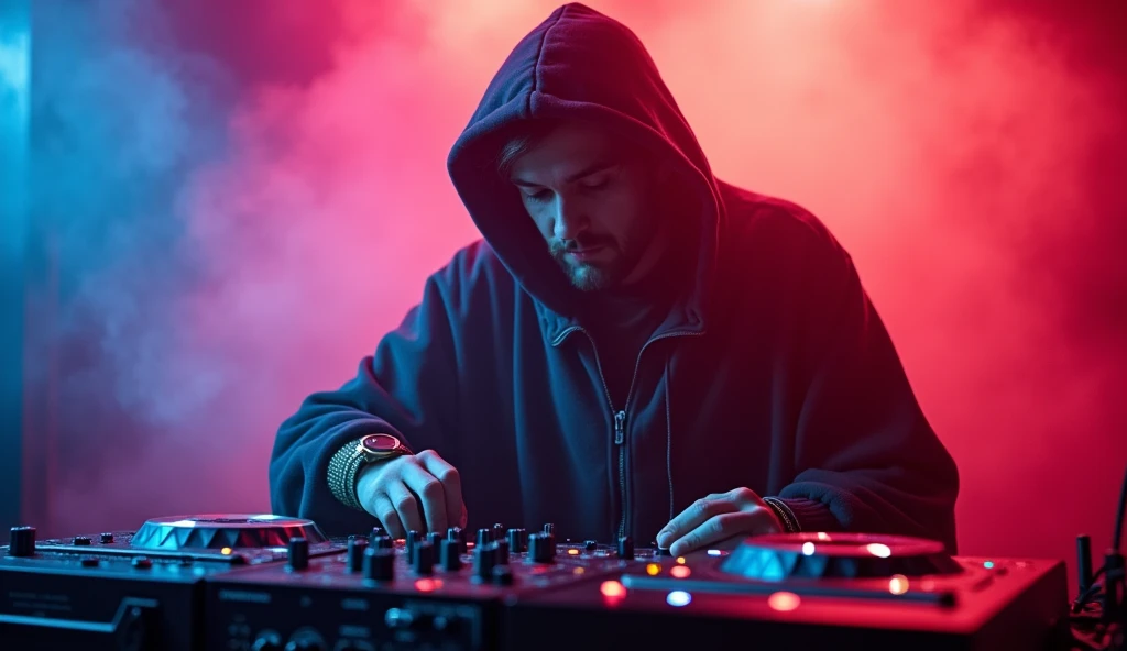 a DJ wizard controlling a mixing board, edm, in the background colored smoke, 2k image, scenographic