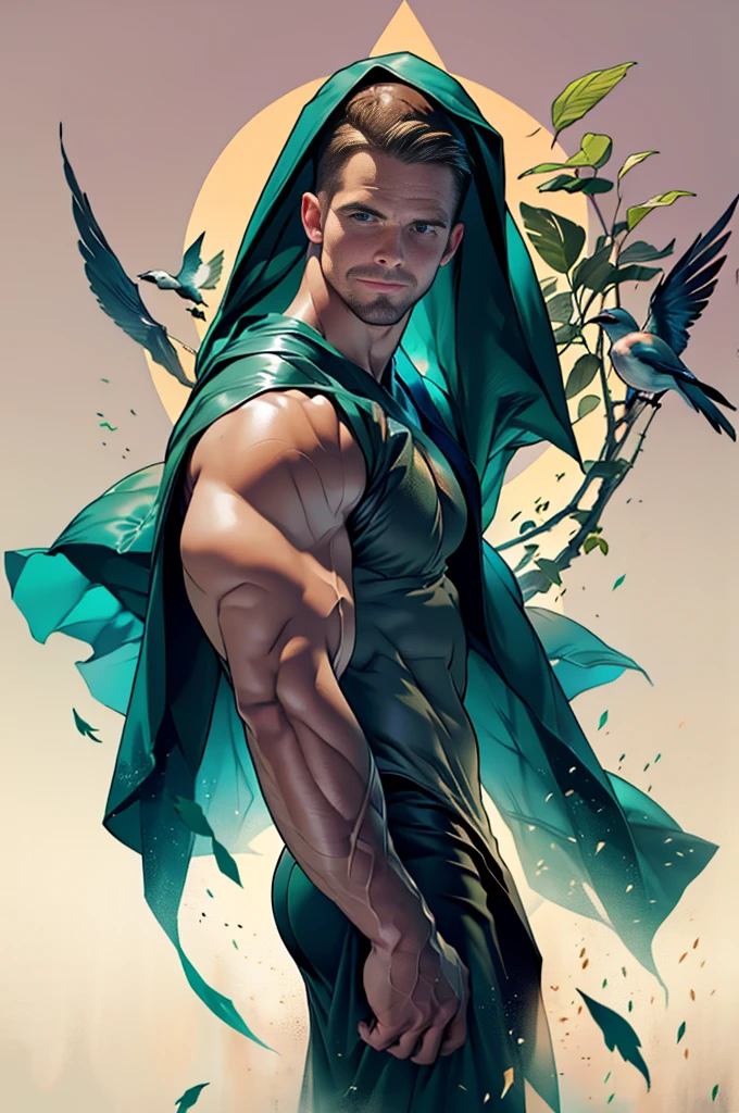 dark blue background,white mist,A handsome tall man (((Stephen AMELL))) floating in the night,He is 28 years old,Thin waistwith a bulge,The pectoral muscles are well developed, He is 175cm tall,Weight 72 kg、blue-green eyes、brown hair color、short hair、Toplesuscle,The body is slightly covered with transparent dark green gauze,You can see the body underneath, Countless birds flying in the sky,underwear,Black feather,looking TO THE VIEWER,smiling ,