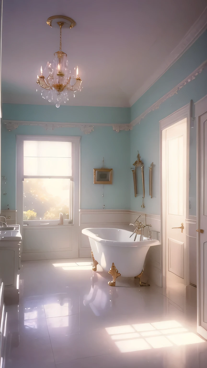 a white dreamy house, bathroom, retro, foggy, soft focus, year of 1995, cool lighting, muted pastel colors, glowing atmosphere, dramatic, cinematic composition, dream-like quality, ethereal, romantic, soft focus photography, golden hour, windy, marble, golden and mirrors, hazy, thick fogs