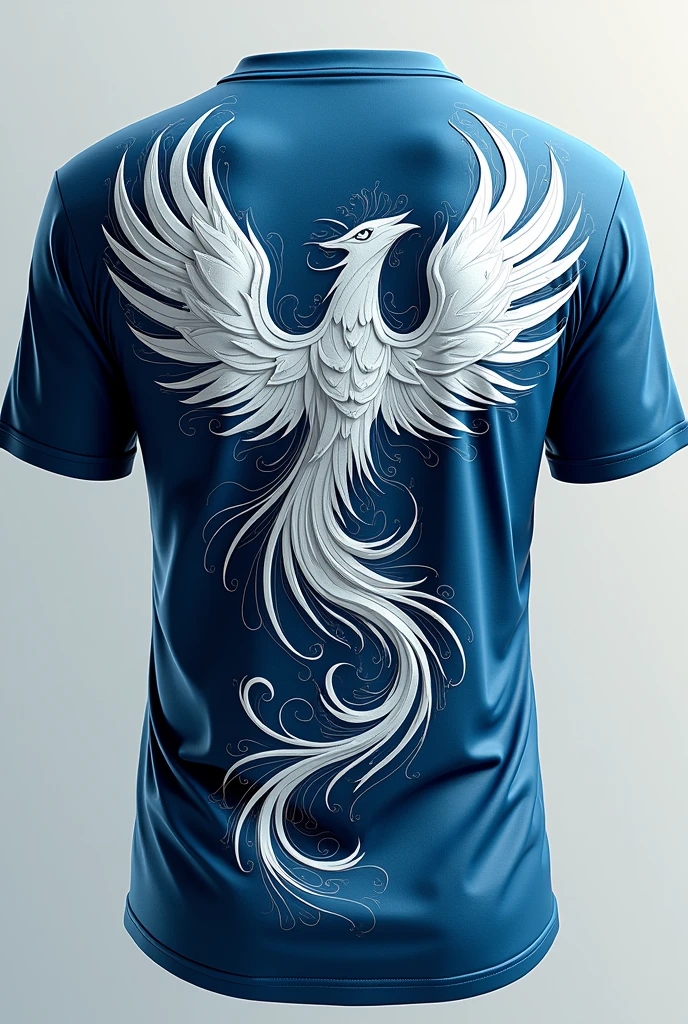 A back T-shirt design with a blue and white color schemes and add abstract and artistic design in tshirt like in Phoenix