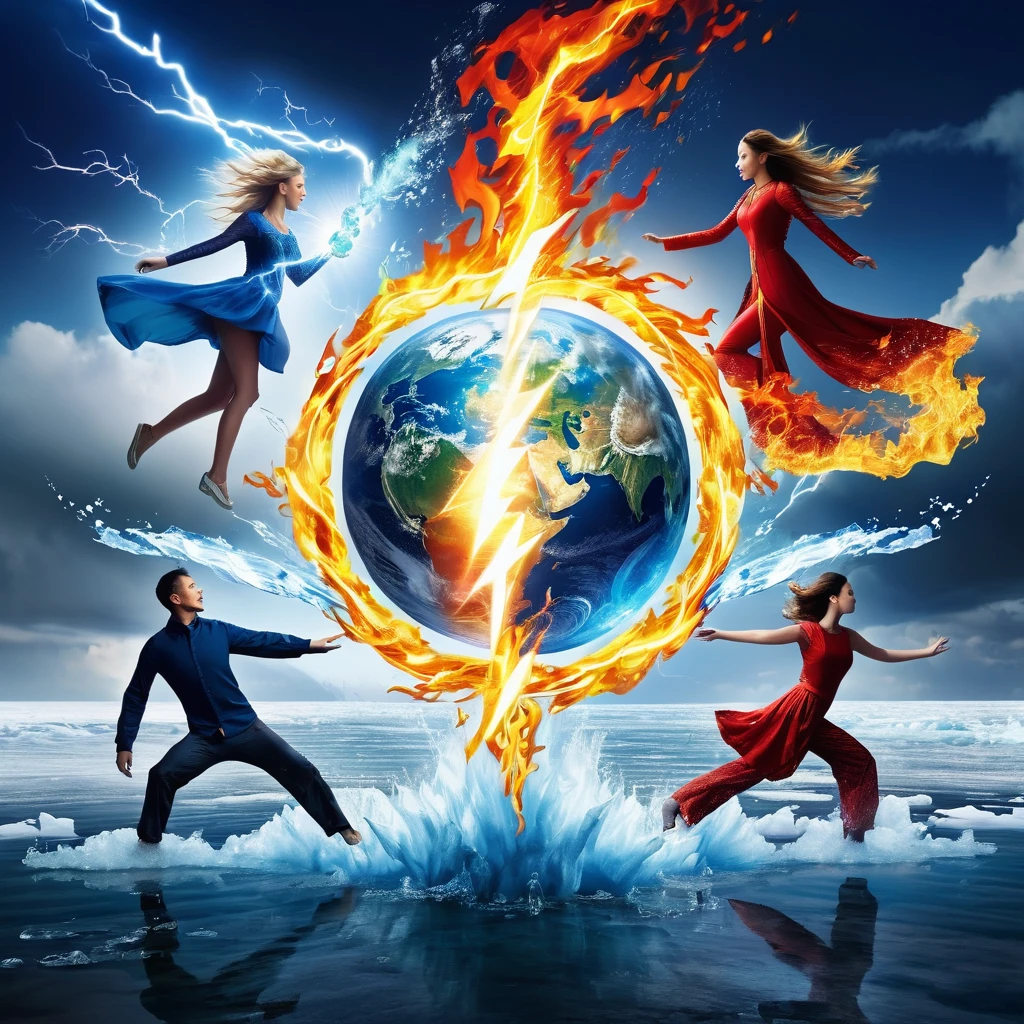 six elements met together in the form of people fire water earth lightning ice air