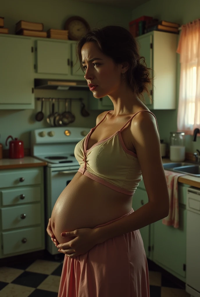 A pregnant 1950's housewife crying in a vintage kitchen. Topless