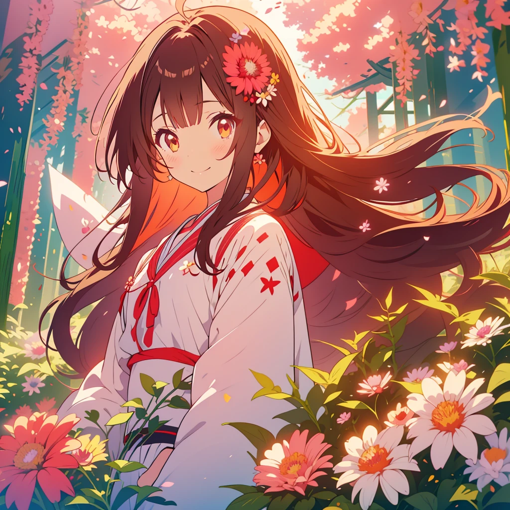 kawaii, anime, Cute, hyper quality, highly detailed, 8k, Clarity, Draw facial expressions in detail, Girl with long dark brown hair and green eyes, red aster flower, red and white aster flowers, whole body, love, smile, Girl with pale pink scarlet eyes,