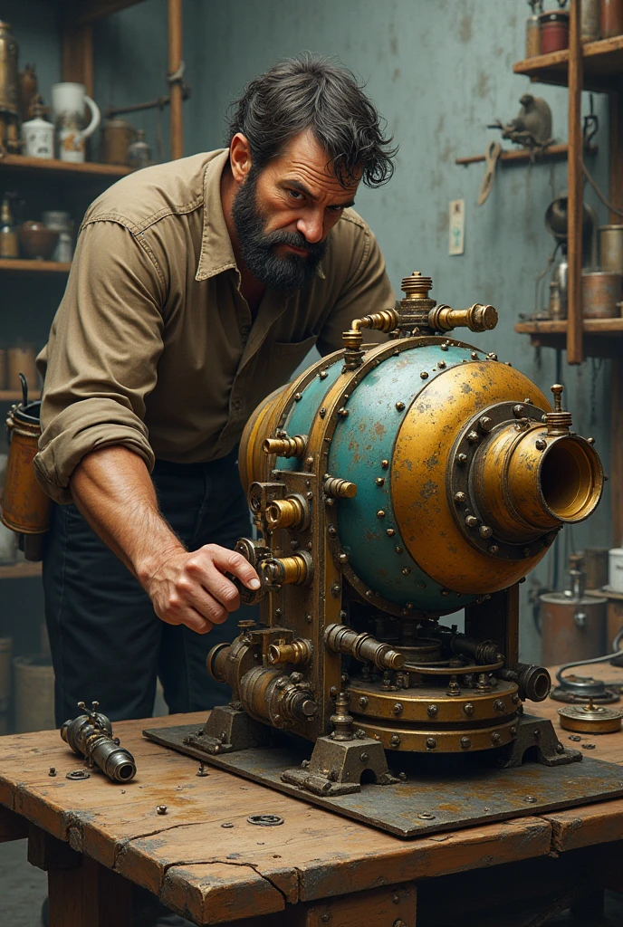 human man in a brown shirt and black pants working on a mechanical water cannon, style of jean baptiste monge, jean baptiste monge, elfpunk, inspired by Jean-Baptiste Monge, full color illustration, human artificer, steampunk concept art, by Todd Lockwood, steampunk art, cyberpunk mouse folk engineer
